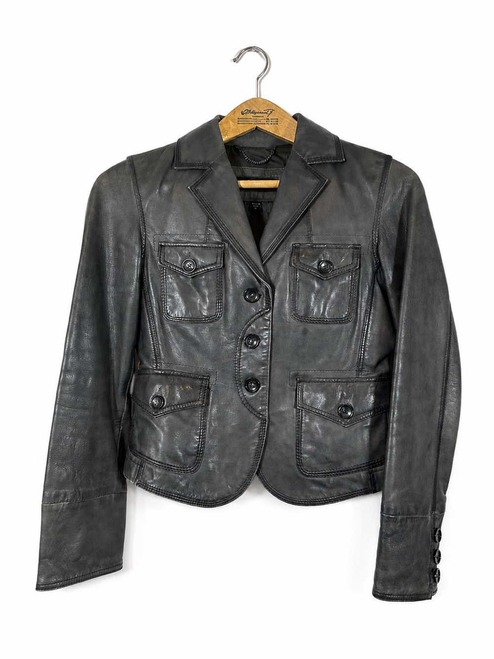VTG GUESS Women's Leather Jacket Distressed Size M Charcoal Grey Moto 90s Edgy